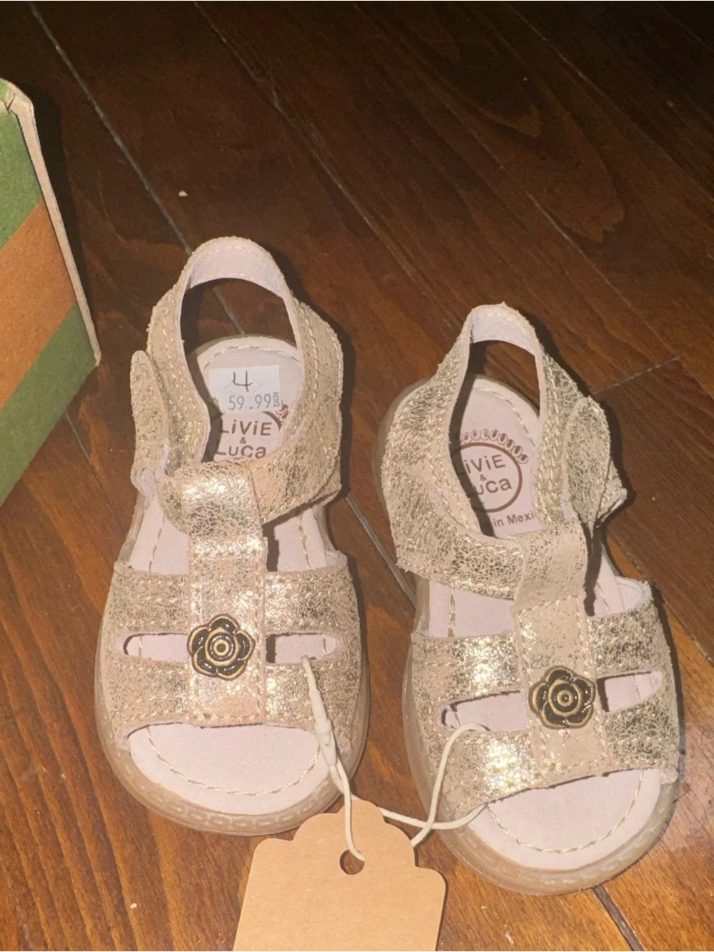 Livie & Luca Girls' Gold Glitter Flower Strap Sandals